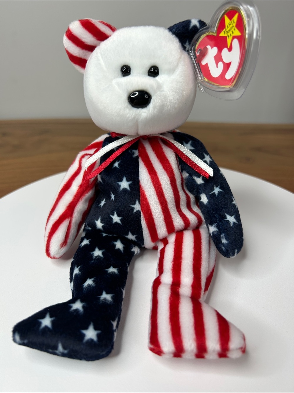 3/$25🌻 1999 TY Spangle Beanie Baby Patriotic Bear • Display Case Included